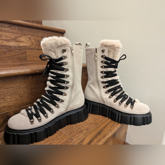 Browns B2 Tofino suede & faux fur platform moto combat boot cream Sz 9.5/10 EU40 - Picture 9 of 16